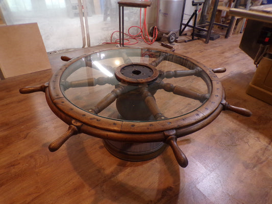 Ship Wheel Table, Wooden with Brass Accents, Glass Top
