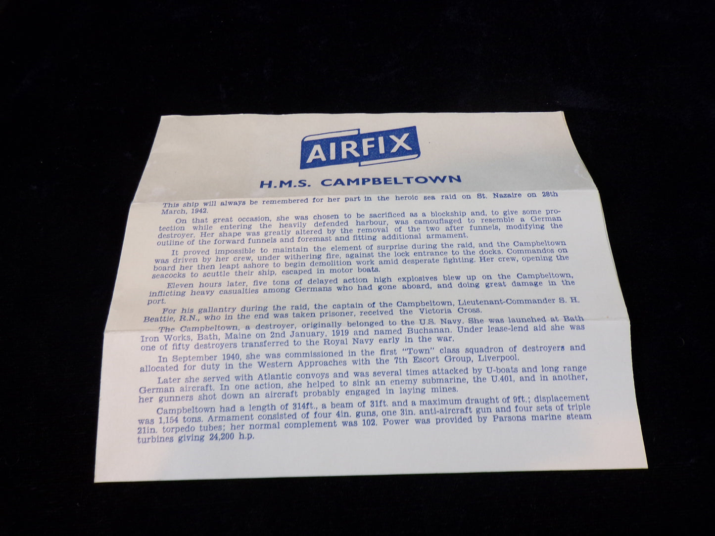 Airfix HMS Campbeltown Construction Kit, Appears Complete w/ Instructions