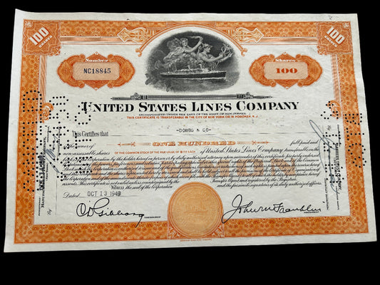 United States Lines Company Stock Certificate - 100 Shares