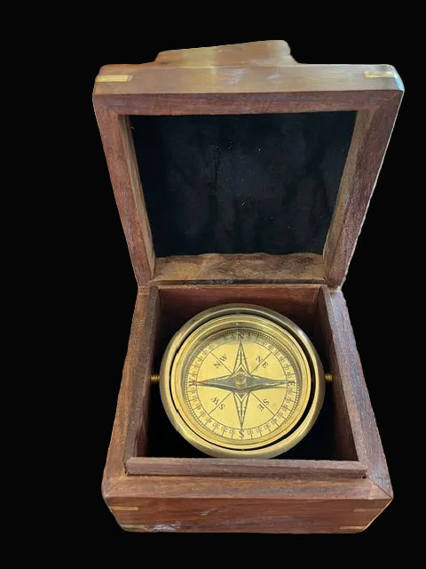 Antiqued Wooden Box with Compass - Annapolis Maritime Antiques