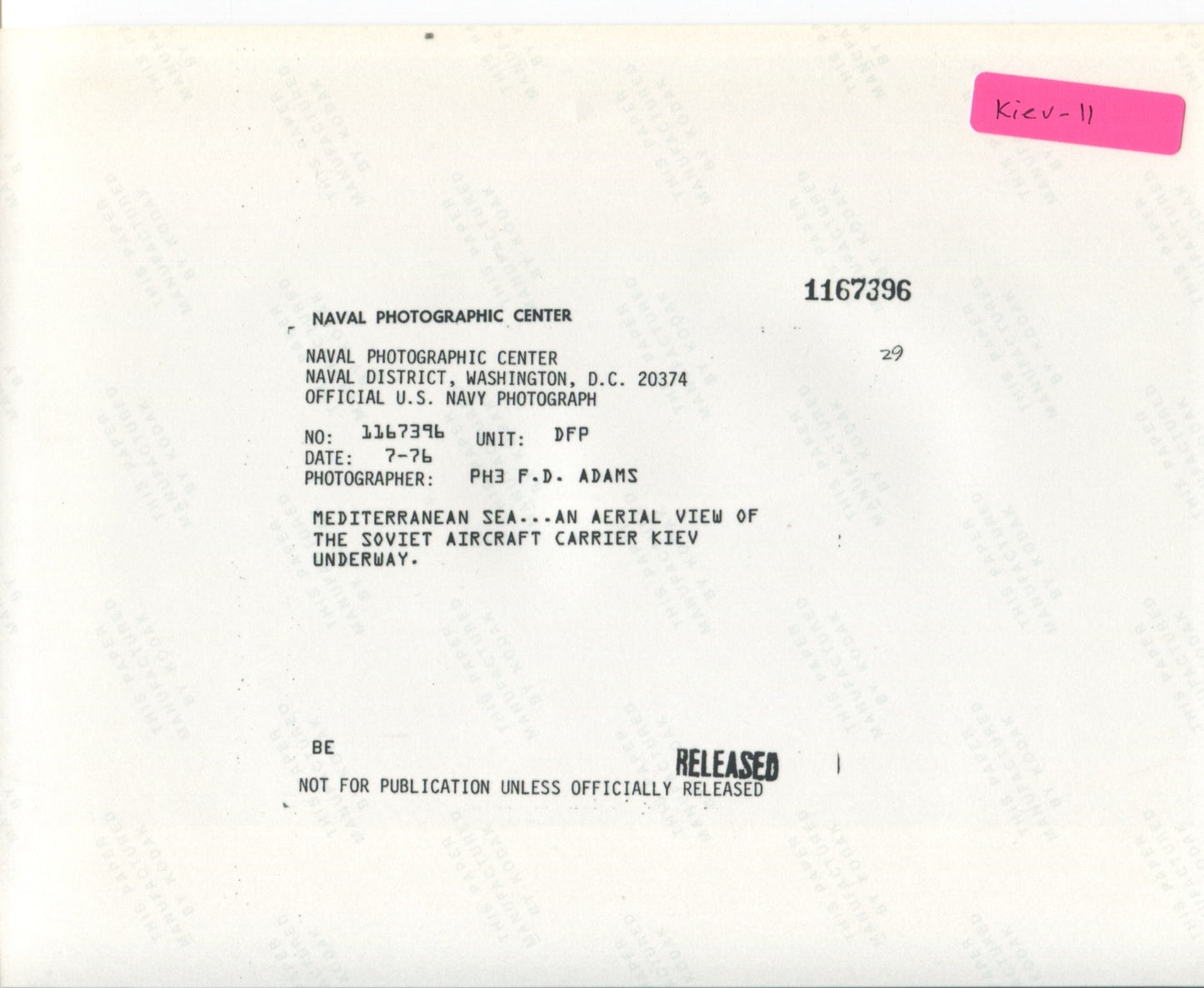 Official U.S. Navy photo of Soviet aircraft carrier Kiev underway. - Annapolis Maritime Antiques