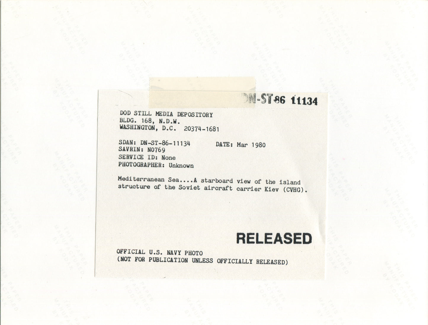 Official U.S. Navy photo of Soviet aircraft carrier Kiev underway. - Annapolis Maritime Antiques