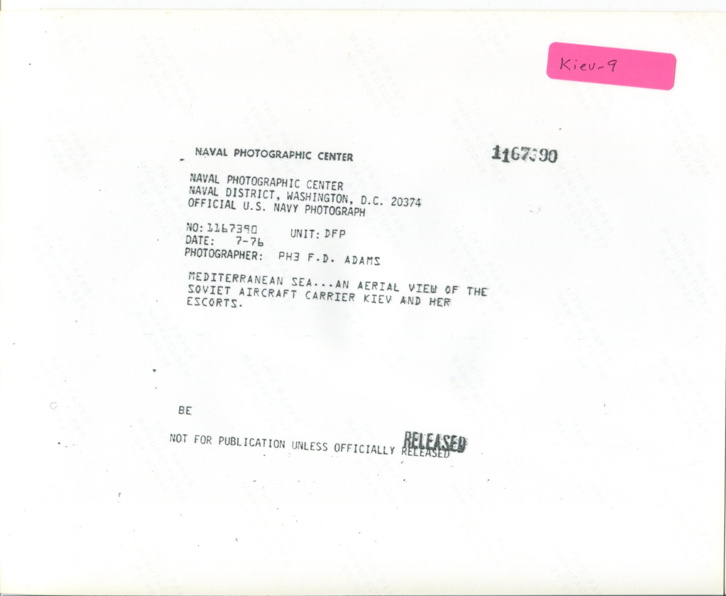 Official U.S. Navy photo of Soviet aircraft carrier Kiev underway. - Annapolis Maritime Antiques