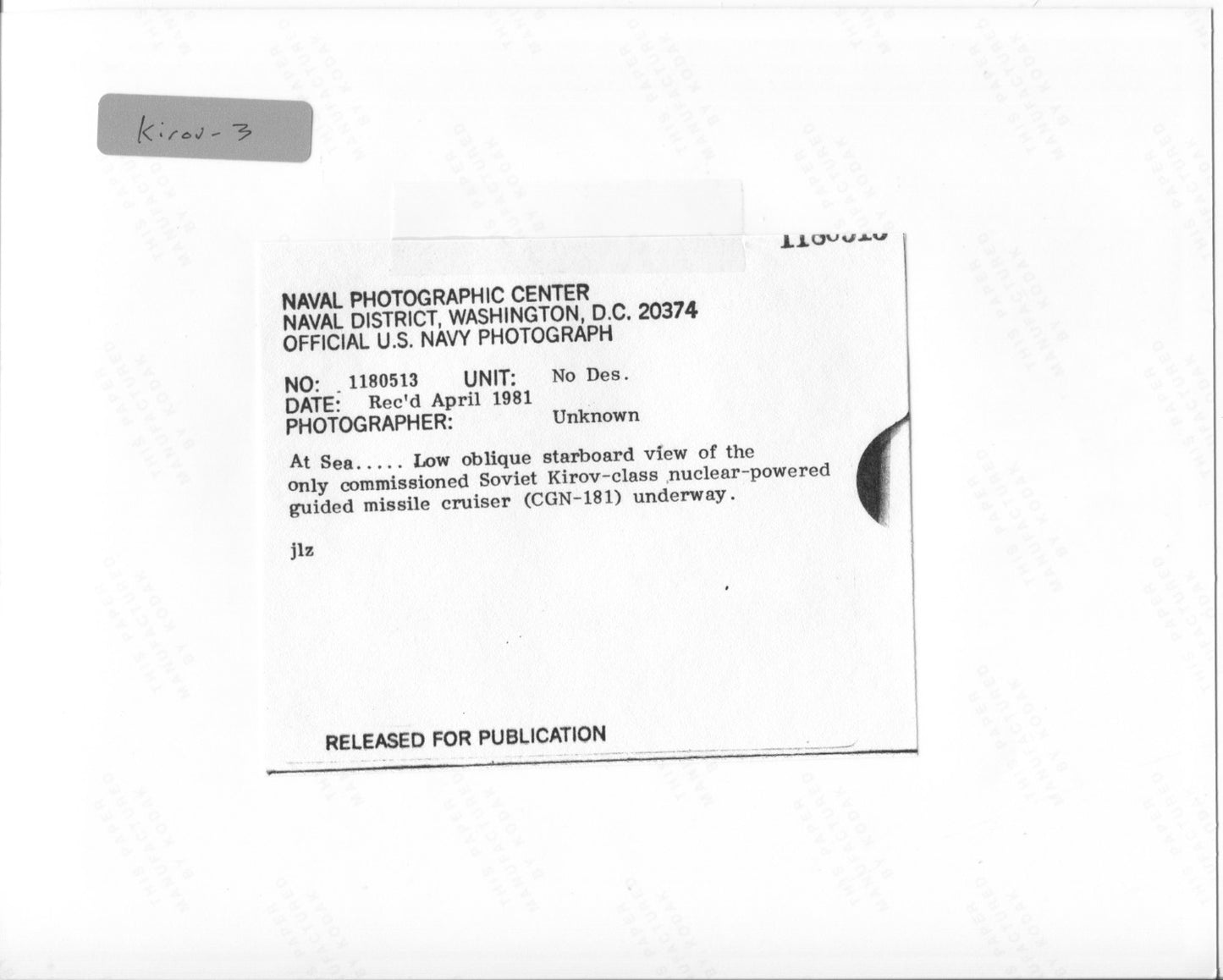 Official U.S. Navy photo the Soviet nuclear powered missile cruiser Kirov. - Annapolis Maritime Antiques