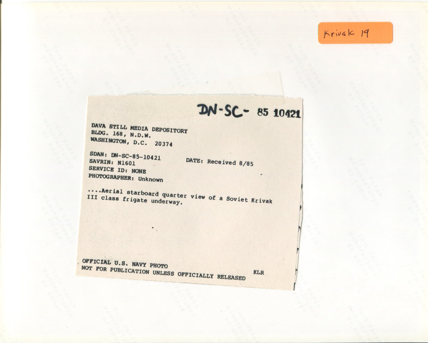 Official U.S. Navy photo of Soviet Krivak III class frigate Menzhinskiy - Annapolis Maritime Antiques