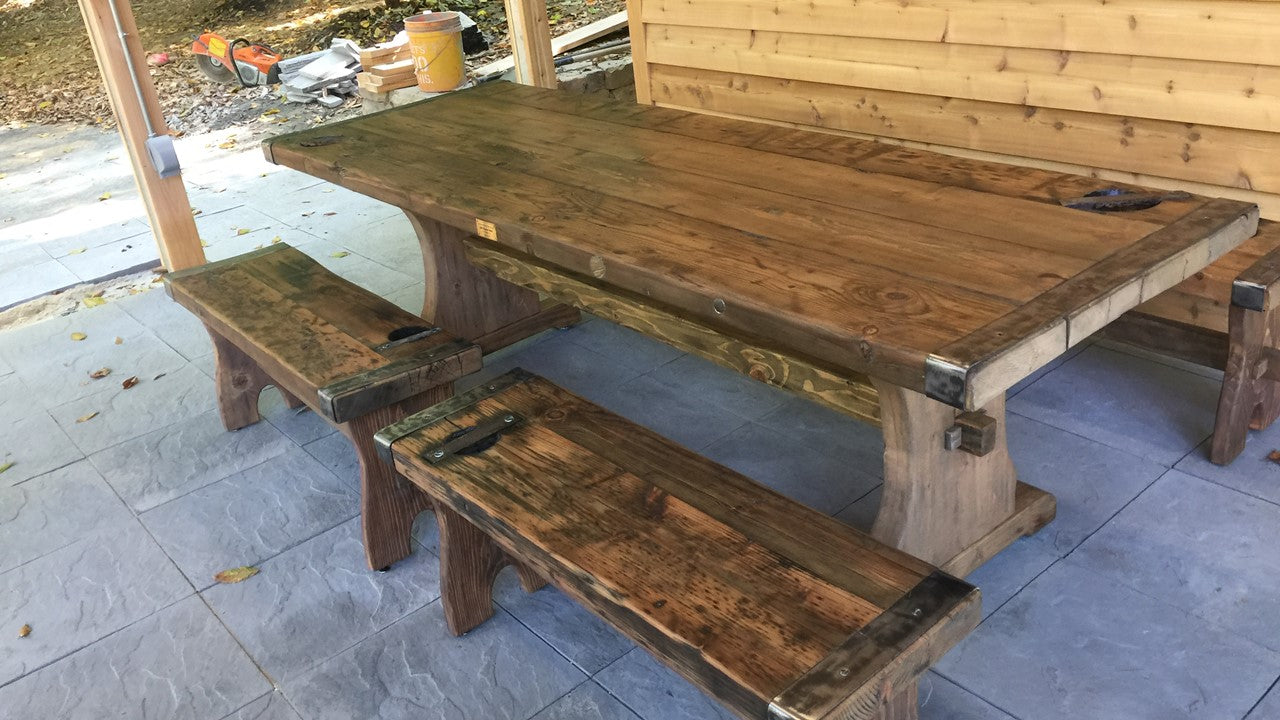 Reclaimed Wood Outdoor Table w/Two Benches
