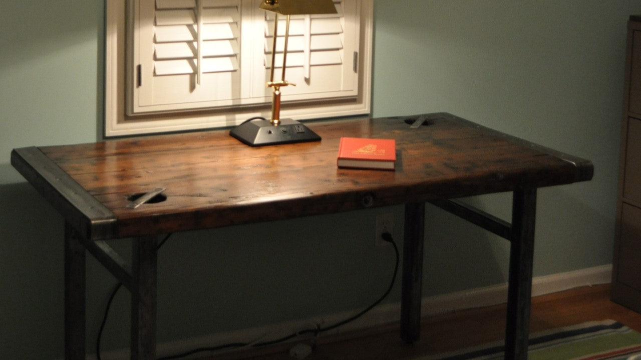 Liberty Ship Hatch Cover Desk w/Recycled Steel Custom Base - Annapolis Maritime Antiques