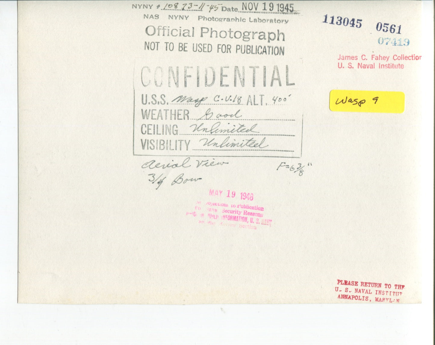 Official Navy Photo of WWII era USS Wasp (CV-18) Aircraft Carrier - Annapolis Maritime Antiques
