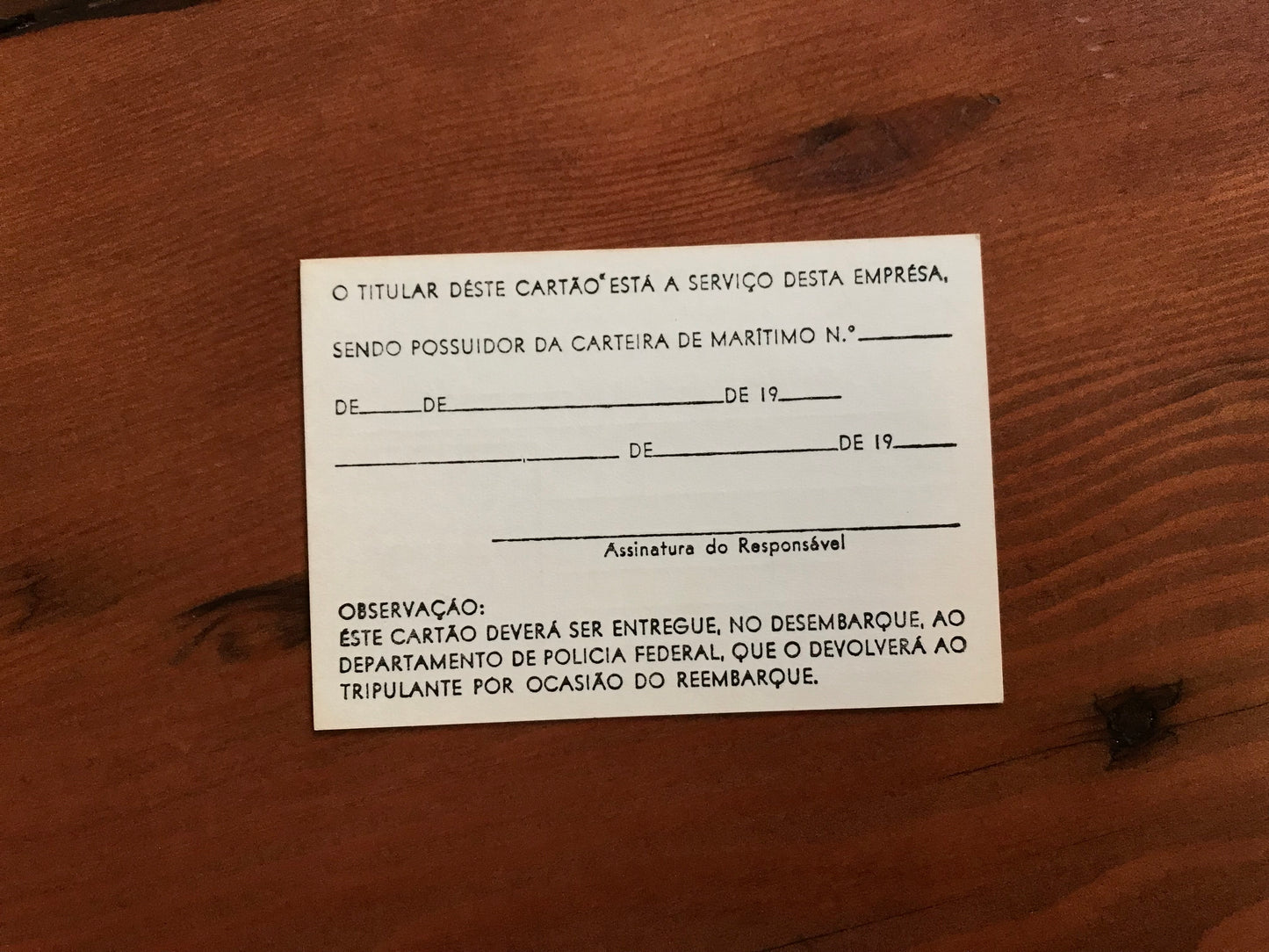 Moore McCormack Crew Members Pass