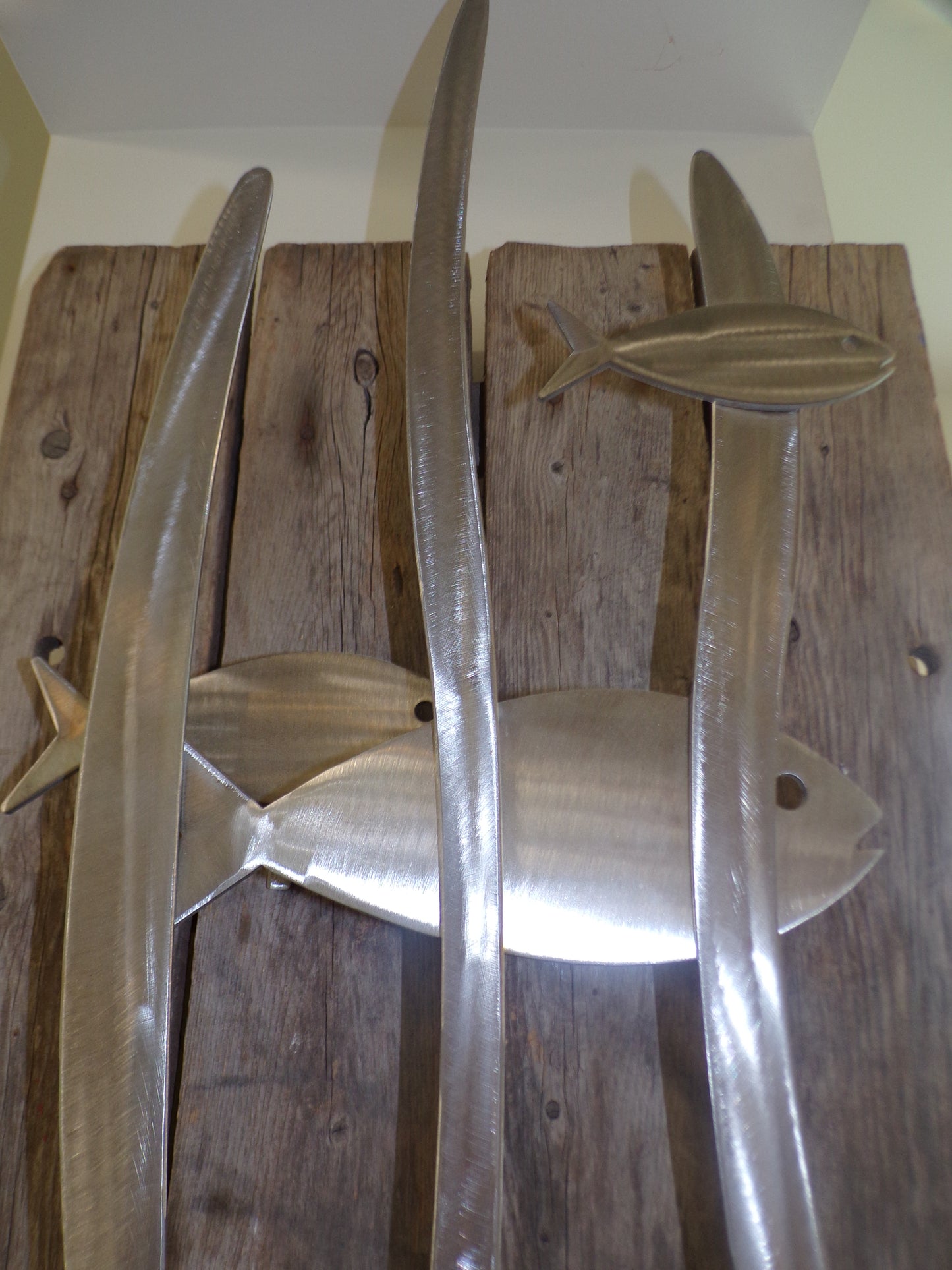 Rustic Metal Fish and Sea Grass on Reclaimed Wood Wall Hanging