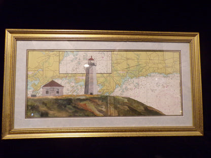 Falkner Island Light Framed Watercolor on Original Nautical Chart