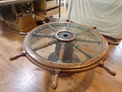 Ship Wheel Table, Wooden with Brass Accents, Glass Top