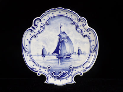 Antique Blue & White Ceramic Wall Decorative Plate, Sailboats & Windmills