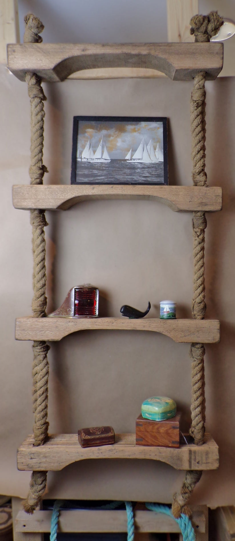 Rope and Teak Wood Authentic Jacob's Ladder Shelving Unit, 4 Tier ...