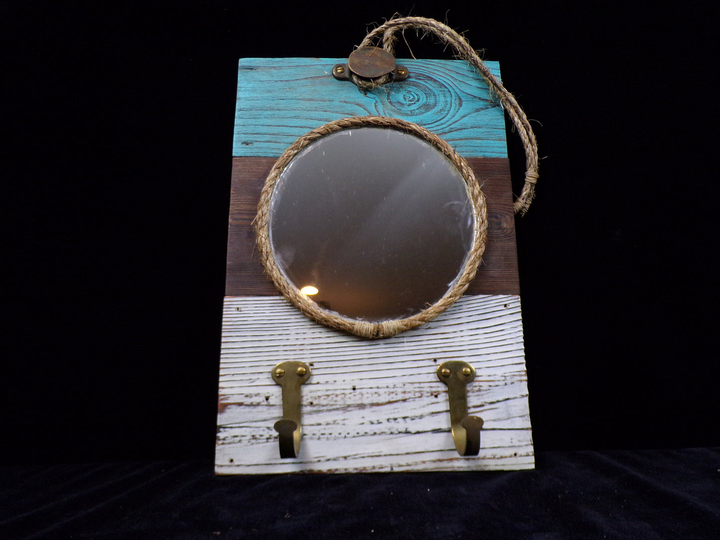 Rustic Coastal Mirror with Hooks and Rope Accent