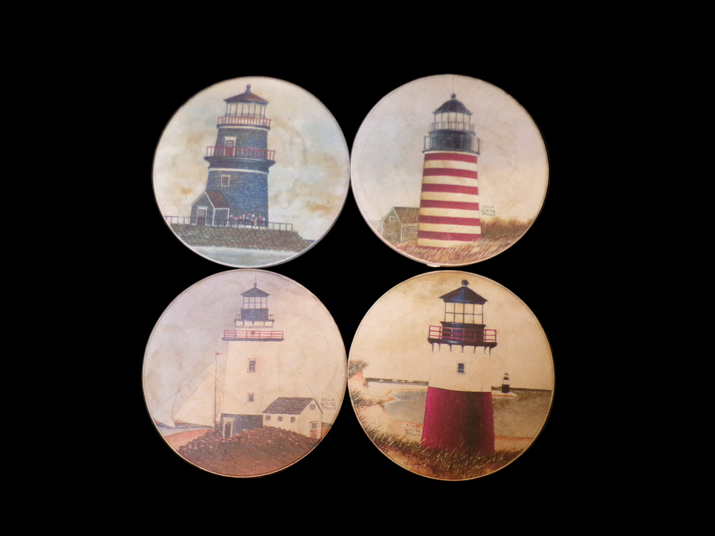 Set of 4 David Carter Brown Lighthouse Nautical Coasters – Cork Backed - Annapolis Maritime Antiques