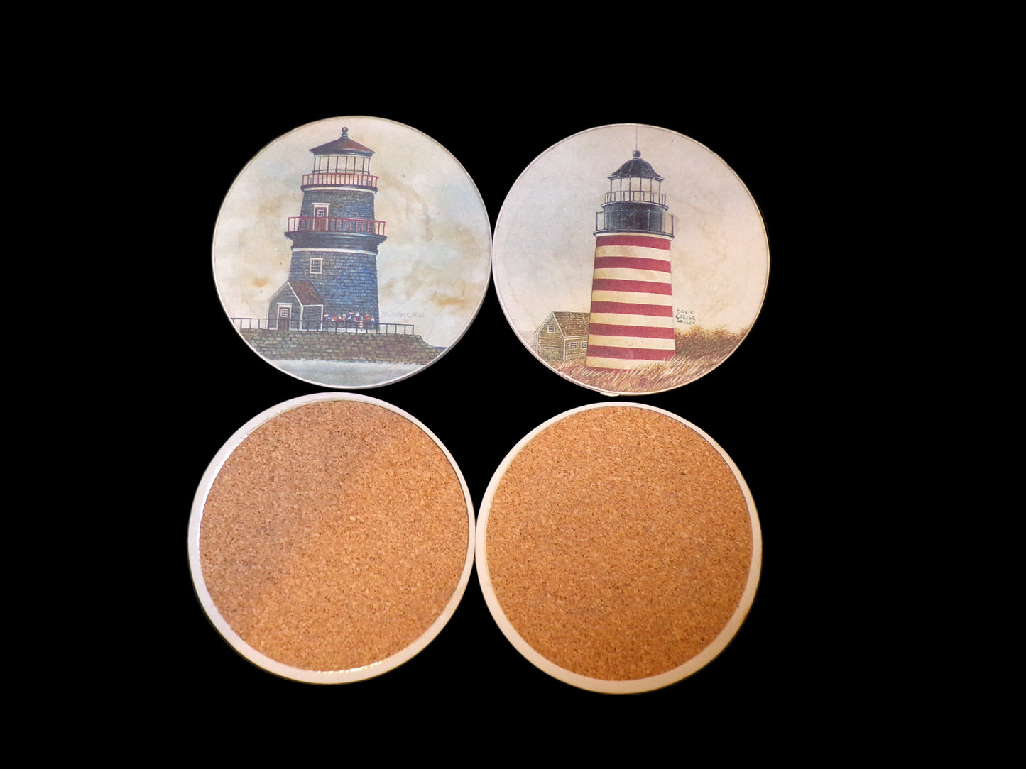 Set of 4 David Carter Brown Lighthouse Nautical Coasters – Cork Backed - Annapolis Maritime Antiques