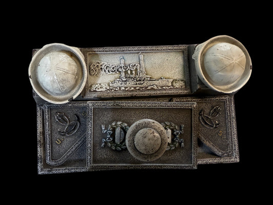 Antique US Navy Inkwell Desk Set – Battleship USS Maine Stamp Relief