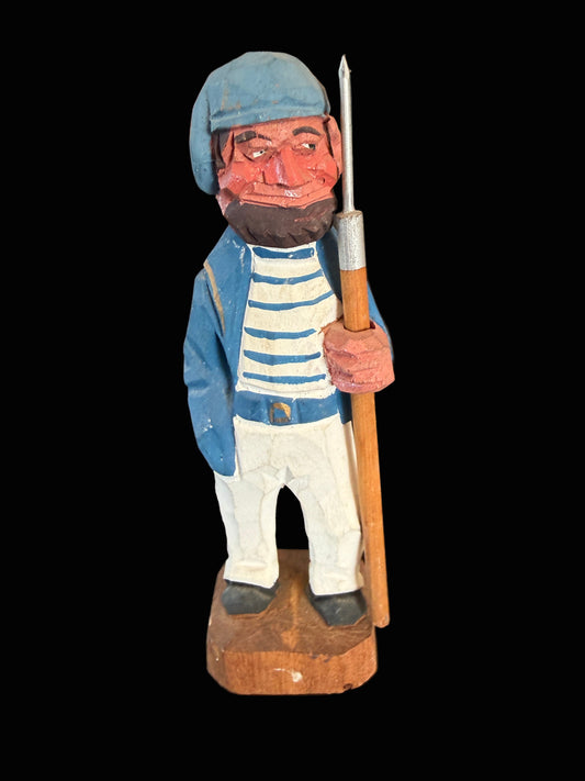 Hand-Carved Wooden Fisherman Figurine — 6” Tall