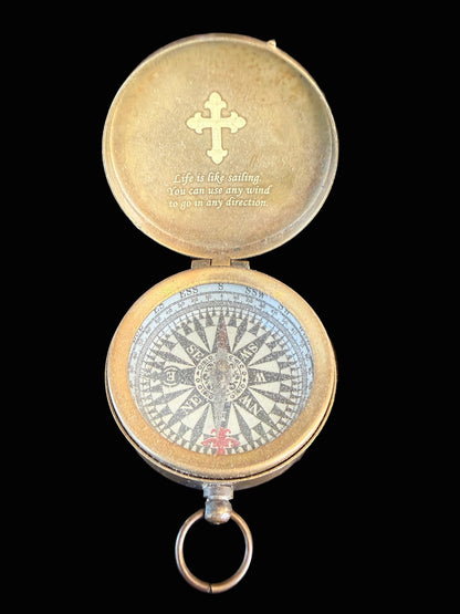 Vintage Brass Pocket Compass with Inscribed Lid