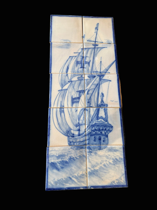 Sant’Anna Lisboa Hand-Painted Tile Panel – Portuguese Ship Scene Overall size: 28” × 11.25”