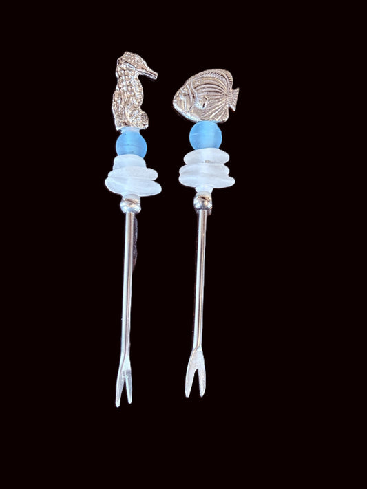 Sea glass 2-prong appetizer or cocktail picks - Annapolis Maritime Antiques