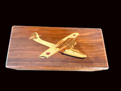 Wood Trinket Box/Music Box, Inlaid Soviet Airplane Motif