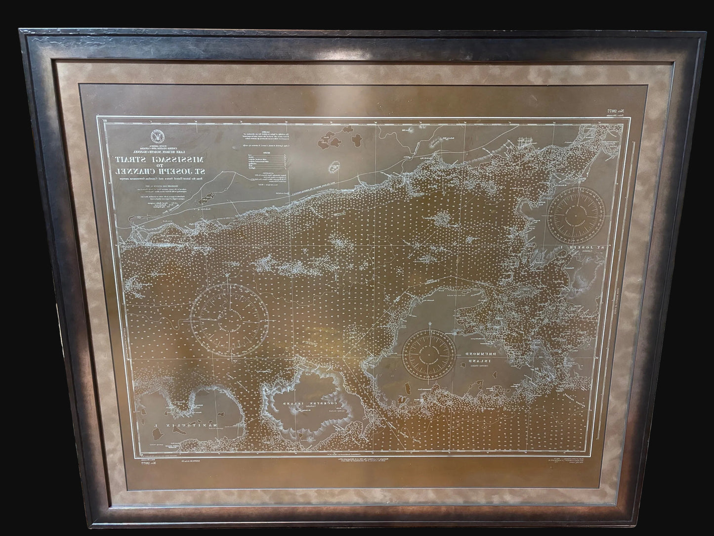 Framed Reverse Nautical Chart Printing Proof – Mississagi Strait & St. Joseph Channel – Great Lakes Maritime Map