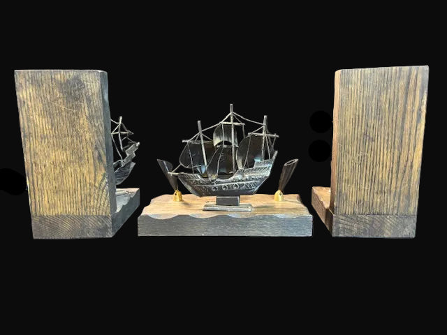 #Columbus Ship Desk Set – Niña, Santa María & Pinta – Nautical Bookends + Pen Holder - Annapolis Maritime Antiques