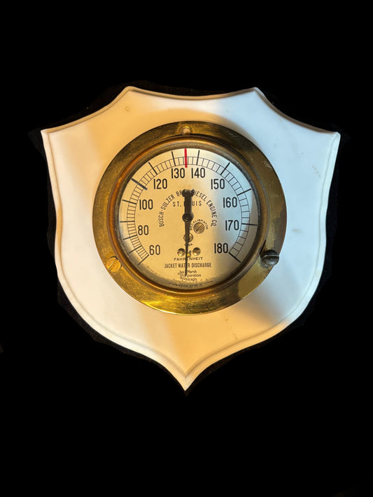 #Busch-Sulzer Diesel Engine Thermometer – Jacket Water Discharge – Brass & Porcelain Mount