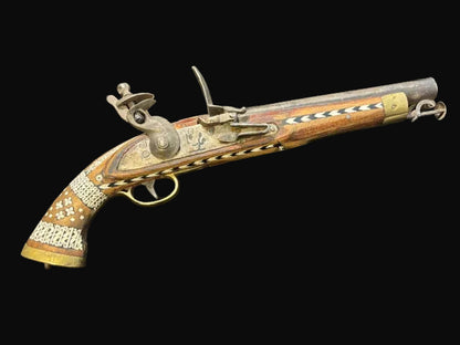 #Decorative Ottoman-Style Flintlock Pistol with Inlaid Stock - Annapolis Maritime Antiques