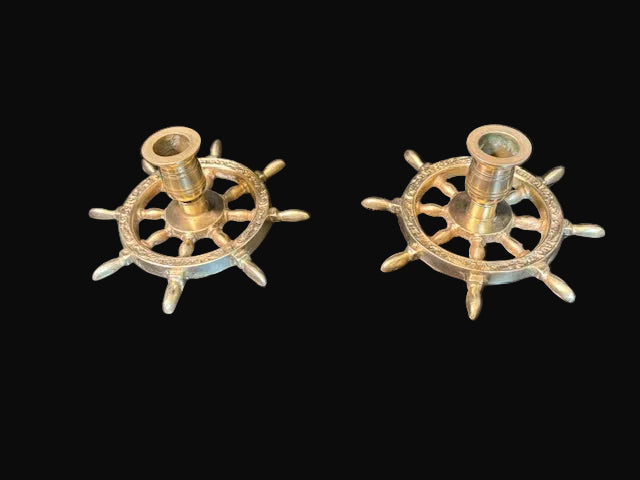 #Ship Wheel Candlesticks Pair Nautical Taper Candle Holders - Annapolis Maritime Antiques
