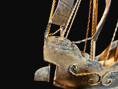 #Menestralia Mallorca Metal Sailing Ship – Spanish Brass Souvenir Sculpture - Annapolis Maritime Antiques