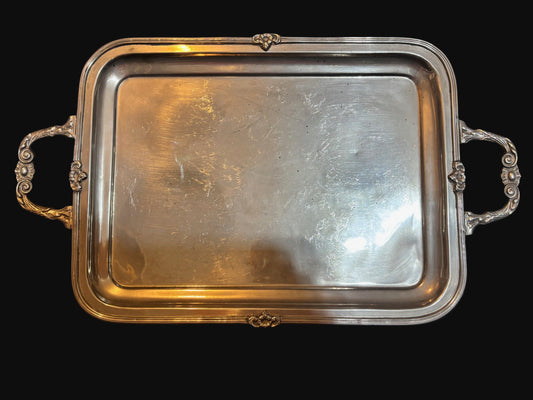 #Silver-Plated Rectangular Serving Tray with Ornate Handles