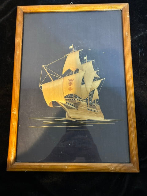 #Polish Straw Marquetry Sailing Ship Picture Framed Folk Art Wall Hanging Białystok Poland - Annapolis Maritime Antiques