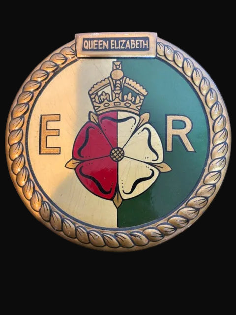 #Hand-Painted HMS Queen Elizabeth Naval Crest Plaque – Wooden Maritime Display Emblem - Annapolis Maritime Antiques