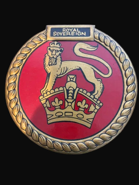 #Hand-Painted HMS Royal Sovereign Naval Crest Plaque – Wooden Maritime Display Emblem - Annapolis Maritime Antiques