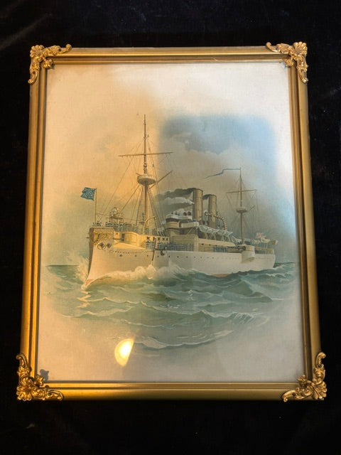 #Framed Battleship Maine Print with Handwritten Historical Notes on Reverse Spanish-American War Interest - Annapolis Maritime Antiques
