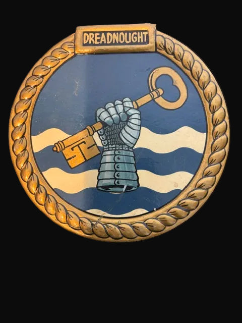 #Hand-Painted Dreadnought Naval Crest Plaque – Wooden Maritime Display Emblem - Annapolis Maritime Antiques