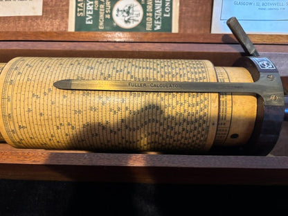 #ADD VENDOR Fuller Cylindrical Slide Rule Calculator in Original Mahogany Case with Literature - Annapolis Maritime Antiques
