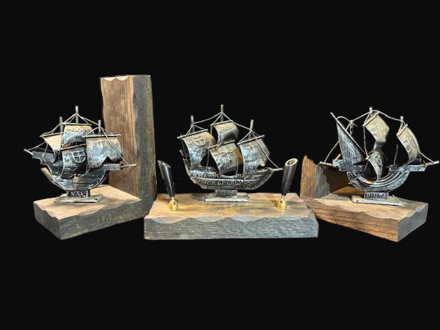 #Columbus Ship Desk Set – Niña, Santa María & Pinta – Nautical Bookends + Pen Holder - Annapolis Maritime Antiques