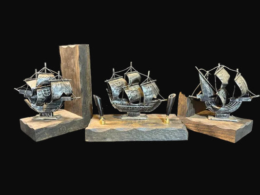#Columbus Ship Desk Set – Niña, Santa María & Pinta – Nautical Bookends + Pen Holder - Annapolis Maritime Antiques