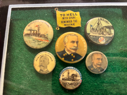 Framed USS Maine & Admiral Dewey Spanish-American War Commemorative Button Display