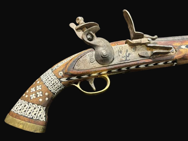 #Decorative Ottoman-Style Flintlock Pistol with Inlaid Stock - Annapolis Maritime Antiques
