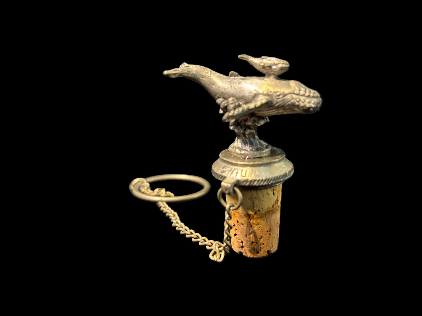 Whale & Bird Bottle Stopper – Pewter & Cork with Chain - Annapolis Maritime Antiques