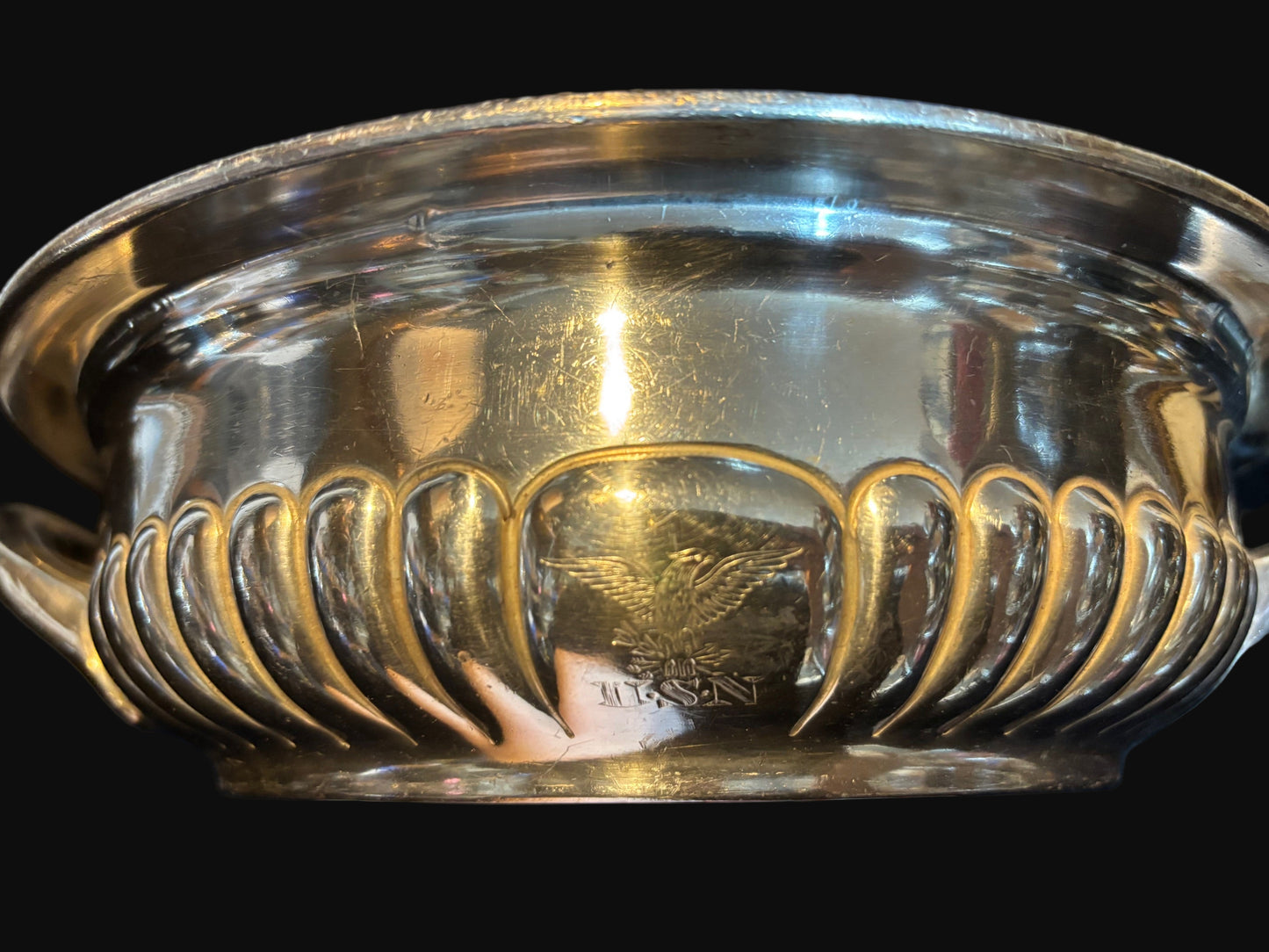 U.S. Navy Silverplate Serving Dish – International Silver Co. – Twin Handled, Engraved Eagle Crest