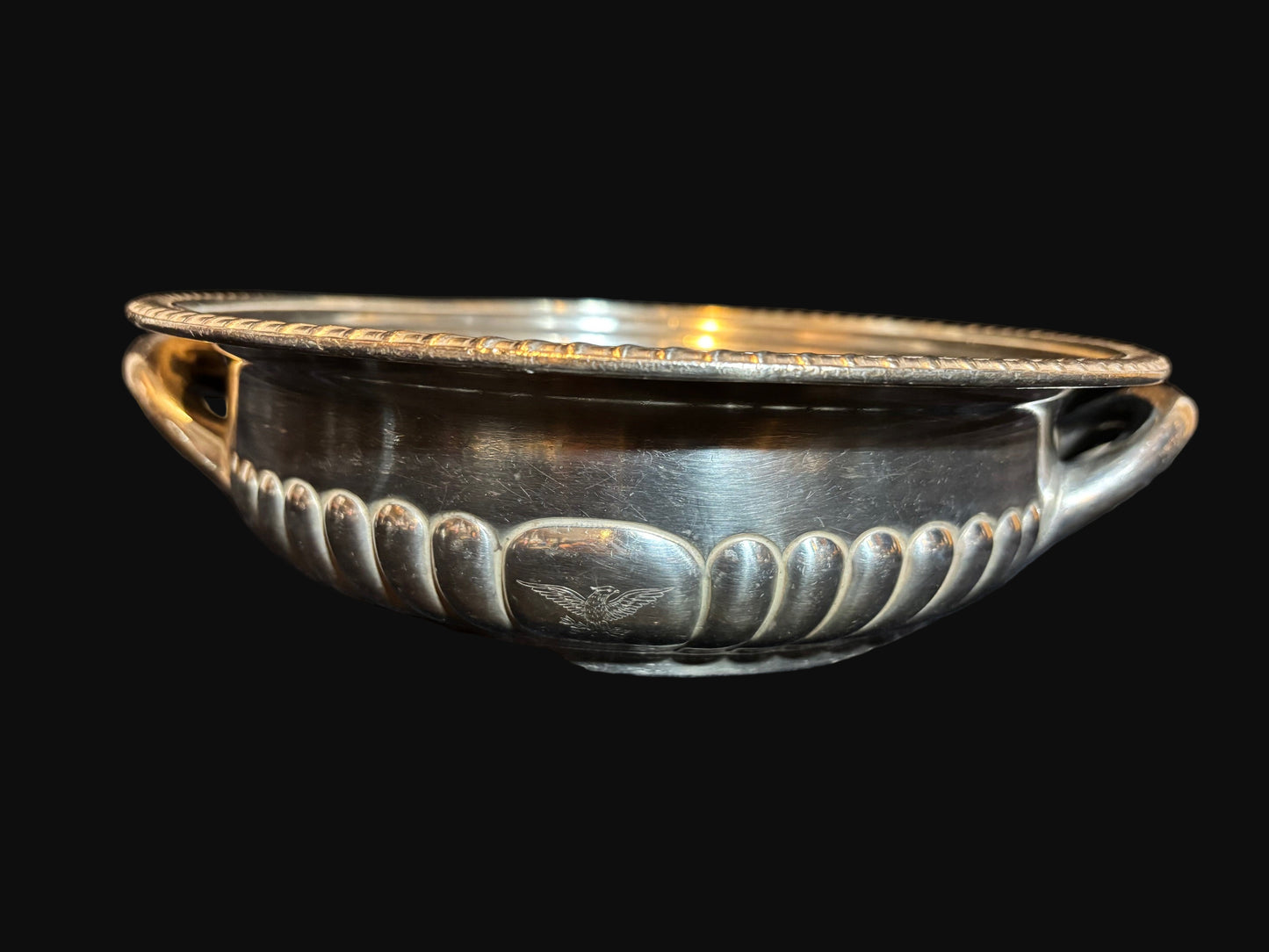 U.S. Navy Silverplate Serving Dish – International Silver Co. – Twin Handled, Engraved Eagle Crest