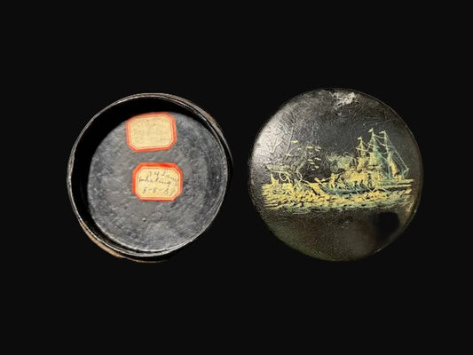#Black Lacquer Trinket Box with Gold Sailing Ship Scene - Annapolis Maritime Antiques