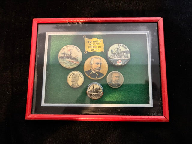 Framed USS Maine & Admiral Dewey Spanish-American War Commemorative Button Display