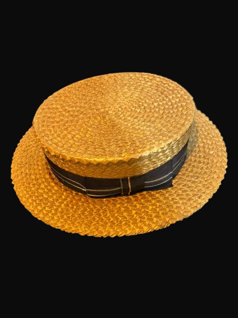Tuells Hats Straw Boater Hat Size 7 3/8 Skimmer Hat with Black Ribbon